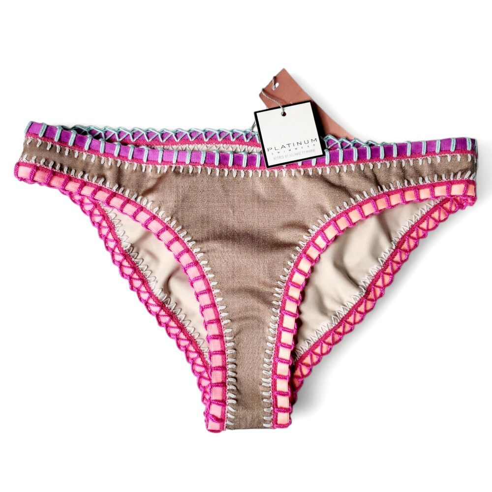 NWT PQ Platinum Solange Ferrarini Crochet Trim Bikini Bottom Sandstone Size L